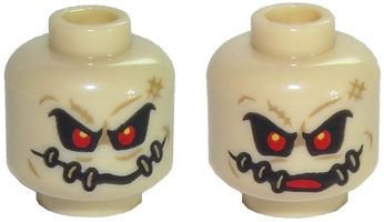 3626pb1728 - Minifigure, Head Dual Sided Alien with Red Eyes, Dark Tan Patches with Stitches Front and Back, Closed / Open Mouth Pattern (Scarecrow)