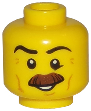 3626pb1748 - Minifigure, Head Moustache Brown Bushy, Black Eyebrows, Cheek Lines, Smile, White Pupils Pattern