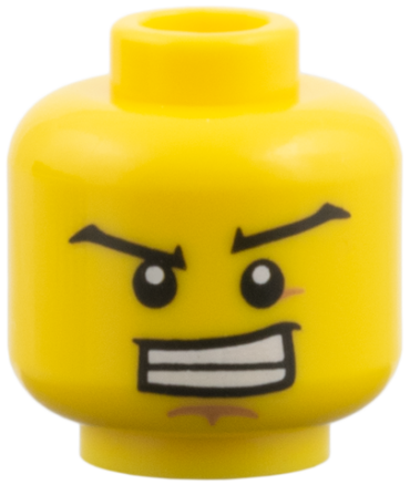 3626pb1822 - Minifigure, Head Black Wide Eyebrows, Wide Grin Showing Teeth, Dark Tan Dimple and Chin Pattern