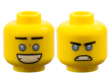 3626pb1894 - Minifigure, Head Dual Sided Black Straight Eyebrows, Medium Blue Eyes, Large Open Mouth Smile with Teeth / Angry Scowl Pattern