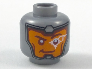 3626pb1955 - Minifigure, Head Balaclava, Orange Face, Dark Red Eyebrows, White Head-Up Display (HUD) On Left Eye Pattern