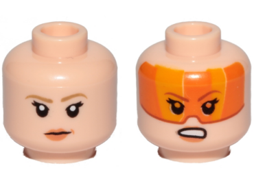 3626pb2059 - Minifigure, Head Dual Sided Female Dark Tan Eyebrows, Orange Lips, Frown Pattern / Orange Visor, Angry (SW Resistance A-wing Pilot)