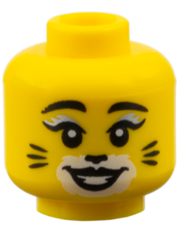 3626pb2084 - Minifigure, Head Female, Black Eyebrows and Eyelashes with Silver Highlight, White Makeup with Black Cat Nose and Whiskers Pattern