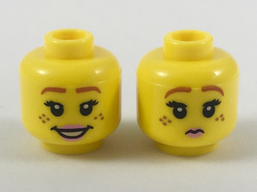 3626pb2086 - Minifigure, Head Dual Sided Female Dark Orange Eyebrows, Freckles, Pink Lips, Smile / Pursed Lips Pattern