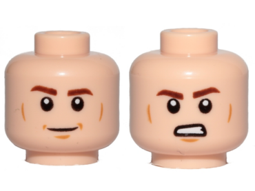 3626pb2108 - Minifigure, Head Dual Sided Reddish Brown Eyebrows, Medium Nougat Cheek Lines and Chin Dimple, Smile / Angry with Bared Teeth Pattern