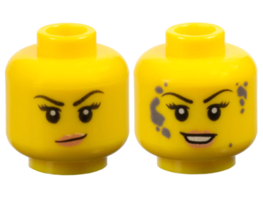 3626pb2147 - Minifigure, Head Dual Sided Female Black Eyebrows, Eyelashes, Nougat Lips, Smirk / Dark Bluish Gray Splotches and Open Mouth Smile with Teeth Pattern