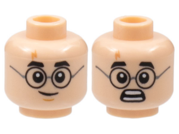 3626pb2168 - Minifigure, Head Dual Sided Black Thick Eyebrows and Round Glasses, Lightning Scar, Grin with Medium Nougat Chin Dimple / Scared Open Mouth with Teeth Parted Pattern