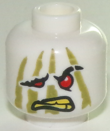 3626pb2210 - Minifigure, Head Alien Ninjago Red Eyes, Drooping Eye and Mouth Right, Olive Green Stripes, Yellow Teeth Pattern