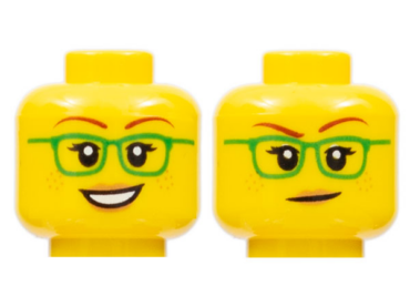 3626pb2377 - Minifigure, Head Dual Sided Female Green Glasses, Smile / Closed Mouth Pattern - Hollow Stud