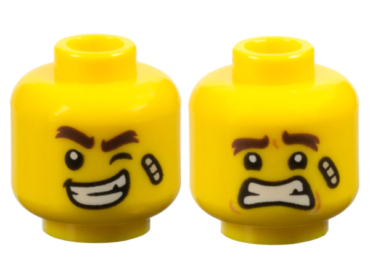 3626pb2439 - Minifigure, Head Dual Sided Dark Brown Thick Eyebrows, Bandage, Wink and Lopsided Open Mouth Smile with Teeth / Scared Pattern - Hollow Stud