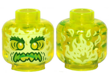 3626pb2449 - Minifigure, Head Alien Ghost with Yellowish Green Face, Bushy Eyebrows, Angry and Flames in Back Pattern - Hollow Stud