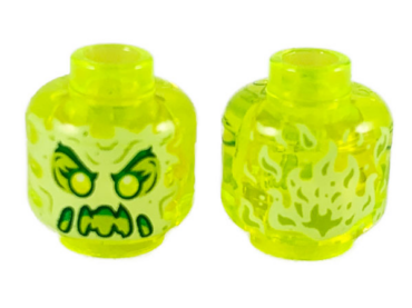 3626pb2451 - Minifigure, Head Alien Ghost with Yellowish Green Face, Slime Mouth, Raised Eyebrows and Flames in Back Pattern - Hollow Stud