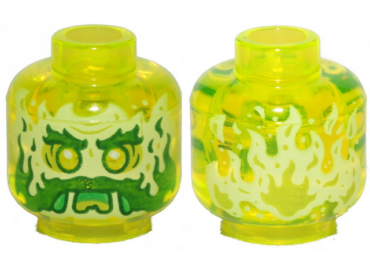 3626pb2453 - Minifigure, Head Alien Ghost with Yellowish Green Face, Beard, Sideburns, Slime Mouth and Flames in Back Pattern - Hollow Stud