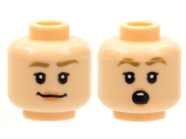3626pb2480 - Minifigure, Head Dual Sided Female, Dark Tan Eyebrows, Nougat Lips, Smile / Surprised Open Round Mouth with Top Teeth Pattern - Hollow Stud