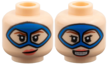 3626pb2512 - Minifigure, Head Dual Sided Female, Blue Domino Mask, Reddish Brown Eyebrows, Coral Lips, Lopsided Grin / Open Smile Pattern - Hollow Stud