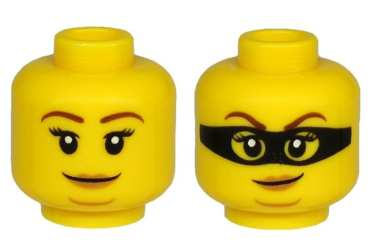 3626pb2535 - Minifigure, Head Dual Sided Female Brown Eyebrows, Peach Lips, Chin Dimple and Closed Mouth Smirk / Black Mask Pattern - Hollow Stud