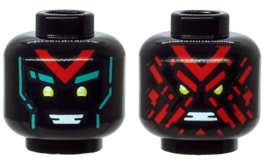 3626pb2556 - Minifigure, Head Dual Sided Alien, Yellow Eyes, Red 'V', Dark Turquoise Eyebrows, Happy / Angry with Red Splotch Face Pattern - Hollow Stud
