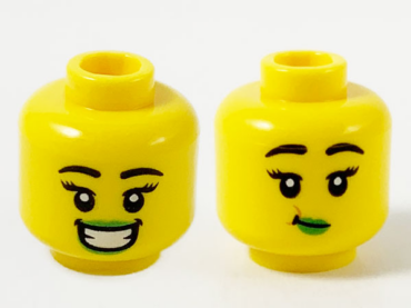 3626pb2604 - Minifigure, Head Dual Sided Female, Black Eyebrows, Bright Green Lips, Large Smile / Eating Pattern - Hollow Stud