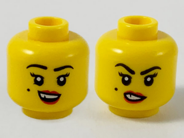 3626pb2605 - Minifigure, Head Dual Sided Female, Black Eyebrows and Beauty Mark on Right Cheek, Red Lips and Chipped Tooth, Smile / Sneer Pattern - Hollow Stud