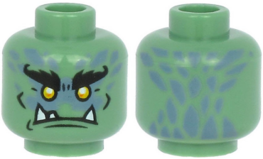 3626pb2626 - Minifigure, Head Alien with Black Bushy Eyebrows, Yellow Eyes, White Lower Fangs, and Sand Blue Scales Pattern - Hollow Stud