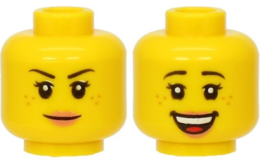 3626pb2662 - Minifigure, Head Dual Sided Female Black Eyebrows, Freckles, Eyelashes, Nougat Lips, Smile / Open Mouth Smile with Top Teeth and Tongue Pattern - Hollow Stud