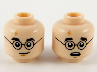 3626pb2669 - Minifigure, Head Dual Sided Medium Nougat Lightning Scar, Black Eyebrows and Glasses, Grin / Surprised Pattern - Hollow Stud