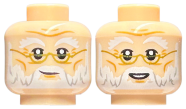 3626pb2670 - Minifigure, Head Dual Sided White Bushy Eyebrows and Beard, Gold Glasses, Grin / Smile with Teeth Pattern - Hollow Stud