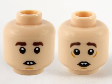 3626pb2673 - Minifigure, Head Dual Sided Dark Brown Eyebrows, Gap Between Teeth, Neutral / Scared Pattern - Hollow Stud
