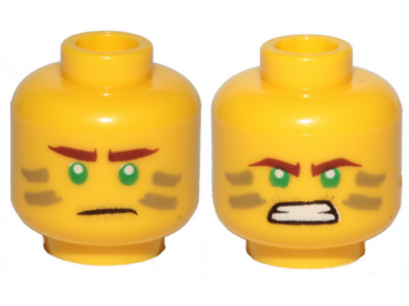 3626pb2732 - Minifigure, Head Dual Sided Reddish Brown Eyebrows, Green Eyes, Dark Tan Stripes, Scowl / Angry Pattern (Lloyd) - Hollow Stud