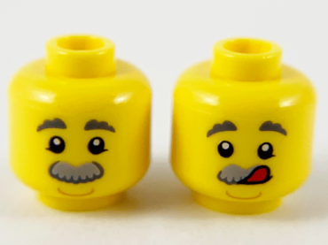 3626pb2740 - Minifigure, Head Dual Sided Dark Bluish Gray Eyebrows, Light Bluish Gray Bushy Moustache, Neutral / Licking Lips Pattern - Hollow Stud