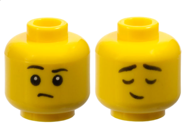 3626pb2742 - Minifigure, Head Dual Sided Child Black Eyebrows, Right Raised, Small Frown / Eyes Closed, Small Lopsided Grin Pattern - Hollow Stud