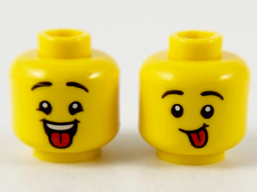 3626pb2743 - Minifigure, Head Dual Sided Child Black Eyebrows, Open Mouth with Red Tongue / Red Tongue Sticking Out Pattern - Hollow Stud