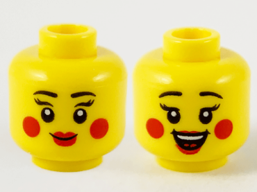 3626pb2745 - Minifigure, Head Dual Sided Female Black Eyebrows, Eyelashes, Red Lips and Circles on Cheeks, Grin / Open Mouth Smile with Top Teeth and Tongue Pattern - Hollow Stud
