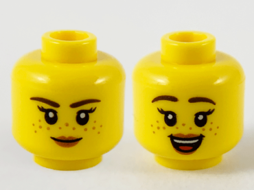 3626pb2746 - Minifigure, Head Dual Sided Female Dark Brown Eyebrows, Medium Nougat Freckles, Peach Lips, Neutral / Open Smile Pattern - Hollow Stud