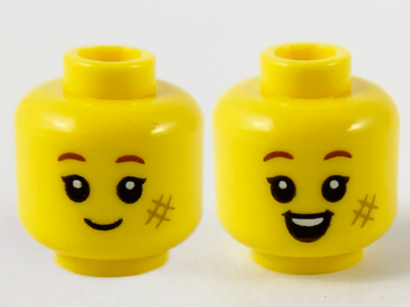 3626pb2747 - Minifigure, Head Dual Sided Child Reddish Brown Eyebrows, Dark Tan Scuff Mark, Grin / Open Mouth Smile with Top Teeth Pattern - Hollow Stud