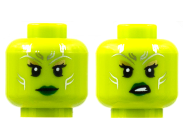 3626pb2859 - Minifigure, Head Dual Sided Alien Female Silver Tattoos, Gold Eye Shadow, Dark Green Lips, Neutral / Sneer Pattern - Hollow Stud