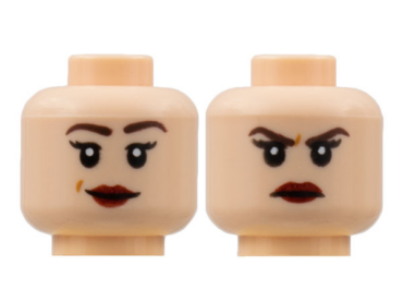 3626pb2860 - Minifigure, Head Dual Sided Female, Medium Nougat Eyebrows, Peach Lips, Smile / Scowl Pattern - Hollow Stud