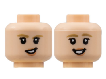 3626pb2863 - Minifigure, Head Dual Sided Female, Dark Tan Eyebrow, Medium Nougat Lips, Lopsided Grin / Smile with Teeth Pattern - Hollow Stud