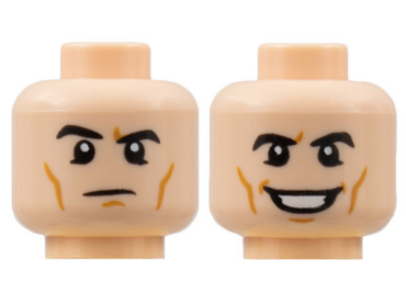 3626pb2868 - Minifigure, Head Dual Sided, Black Eyebrows, Medium Nougat Cheek Lines, Raised Right Eyebrow / Grin with Teeth Pattern - Hollow Stud