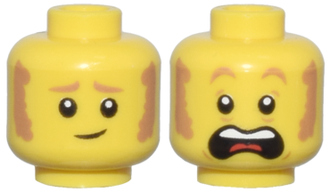 3626pb2903 - Minifigure, Head Dual Sided Medium Nougat Eyebrows and Sideburns, Worried Lopsided Grin / Scared Open Mouth with Top Teeth and Red Tongue Pattern - Hollow Stud