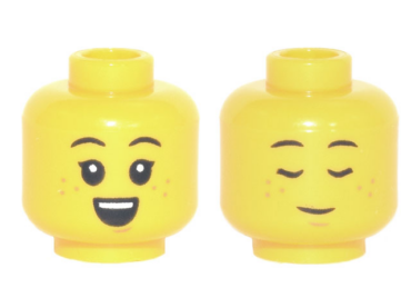 3626pb2913 - Minifigure, Head Dual Sided Child, Black Eyebrows, Nougat Freckles and Chin Dimple, Small Open Mouth Smile with Top Teeth / Sleeping Pattern - Hollow Stud