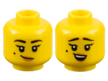 3626pb2963 - Minifigure, Head Dual Sided Female Black Eyebrows and Beauty Mark, Medium Nougat Lips, Lopsided Grin / Surprised Pattern - Hollow Stud