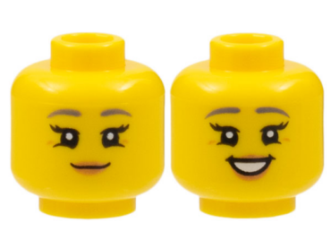 3626pb2964 - Minifigure, Head Dual Sided Female Dark Bluish Gray Eyebrows, Black Eyelashes, Medium Nougat Lips, Grin / Open Mouth Smile with Teeth Pattern - Hollow Stud