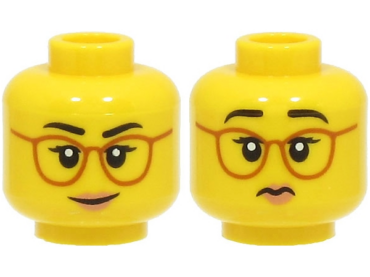 3626pb3082 - Minifigure, Head Dual Sided Female, Black Eyebrows, Dark Orange Glasses, Peach Lips, Smile / Frown Pattern - Hollow Stud