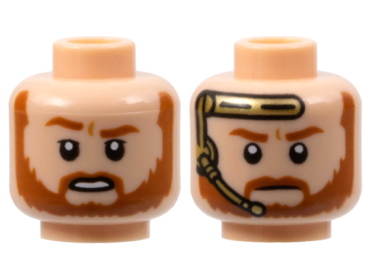 3626pb3135 - Minifigure, Head Dual Sided Dark Orange Eyebrows and Beard, Open Mouth with White Teeth / Closed Mouth and Gold Headset Pattern - Hollow Stud