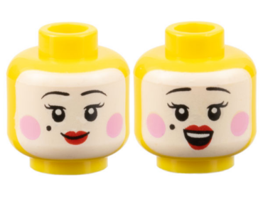 3626pb3183 - Minifigure, Head Dual Sided Female White Face, Black Eyebrows, Beauty Mark, Bright Pink Circles on Cheeks, Red Lips, Grin / Open Mouth Smile with Top Teeth Pattern - Hollow Stud
