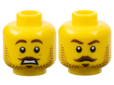 3626pb3214 - Minifigure, Head Dual Sided Male Dark Brown Eyebrows, Moustache, Soul Patch, and Beard Stubble, Worried Open Mouth with Teeth / Stern Pattern - Hollow Stud