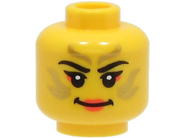 3626pb3314 - Minifigure, Head Female Black Eyebrows, Gold Stripes Face Paint, Coral Lips and Eye Shadow, Smile Pattern - Hollow Stud (BAM)