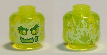 3626pb3335 - Minifigure, Head Alien Ghost with Yellowish Green Face, Bushy Eyebrows, Slime Mouth and Flames in Back Pattern - Vented Stud