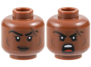 3626pb3681 - Minifigure, Head Dual Sided Female Black Eyebrows, Dark Brown Lips, Cheek Lines and Scar, Lopsided Grin / Open Mouth Scowl Pattern - Vented Stud